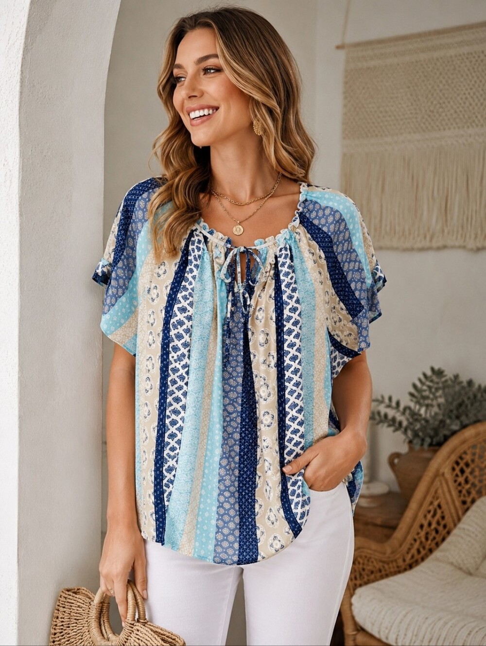 Sami & Jo Peasant Blouse XL Blue Patchwork Flutter Sleeve Tie Neck Prairie NWOT